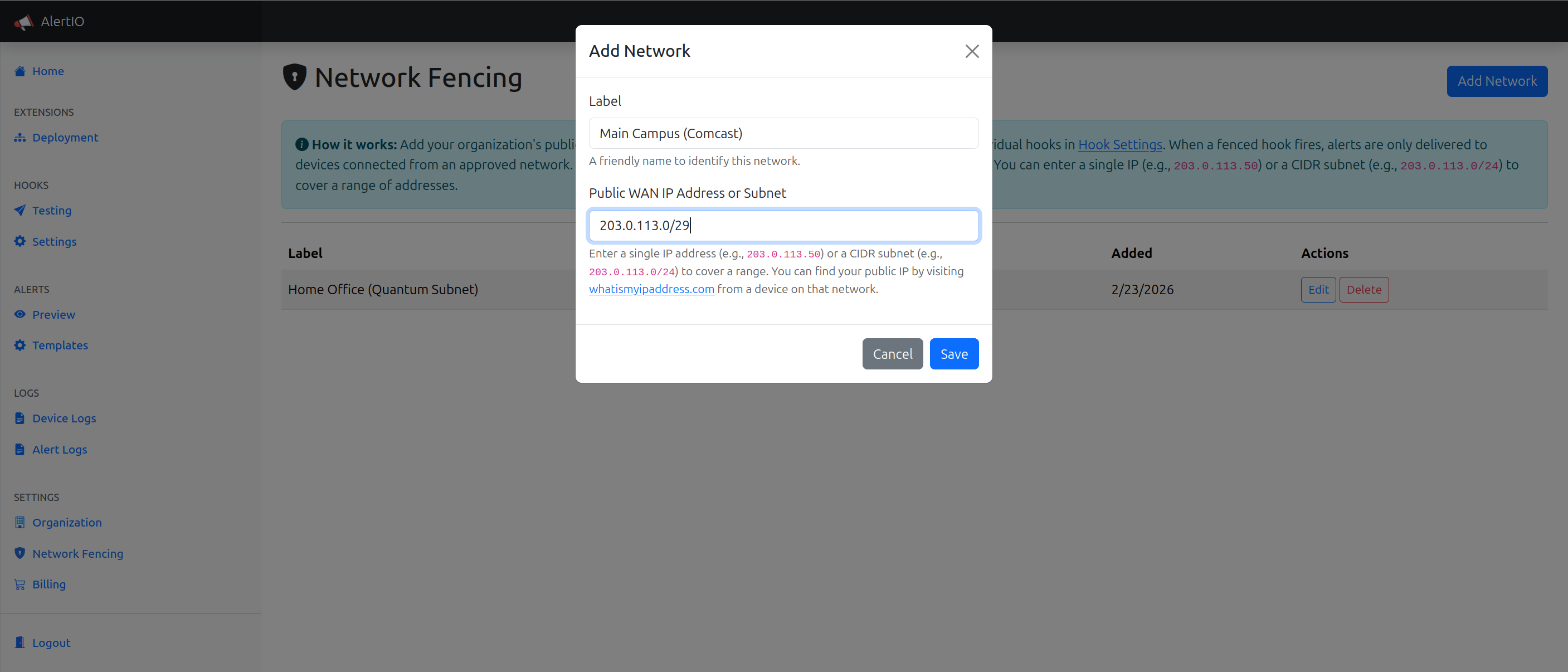 AlertIO Network Fencing Screenshot